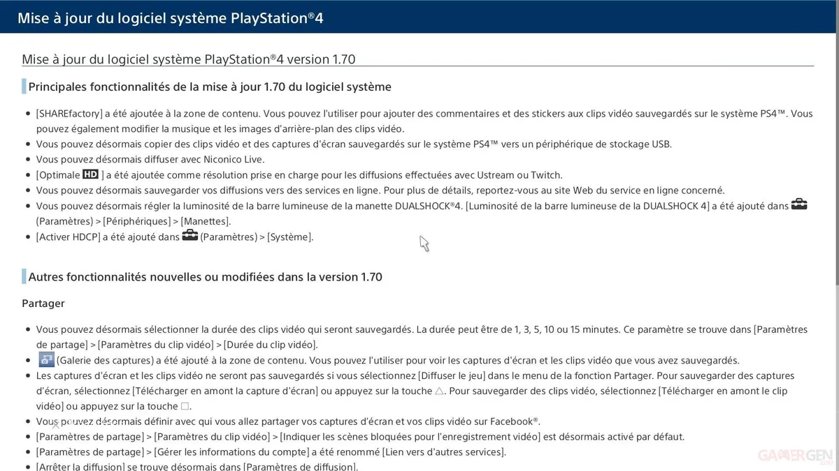 Détails de la mise à jour PS4 1.70 : SHAREfactory, HDCP off et ce que ça change